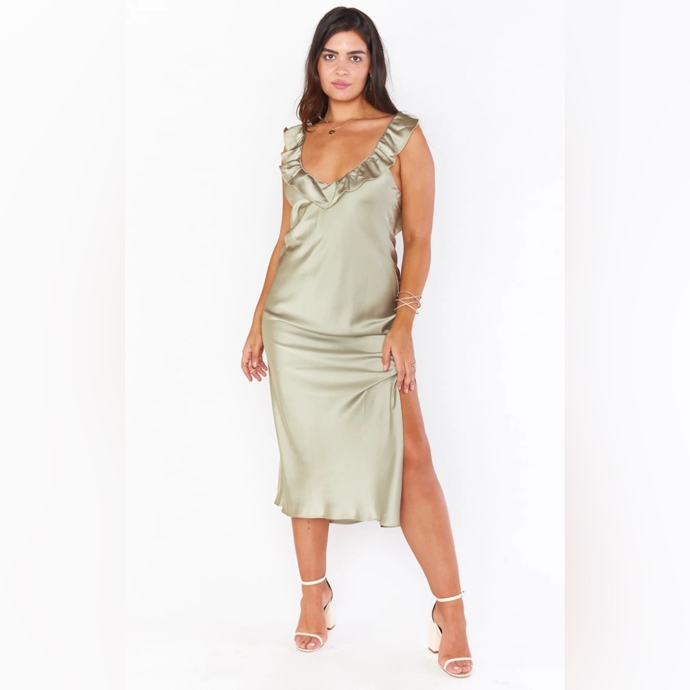 Show Me Your Mumu Serene Slip Dress Moss Green Luxe Satin